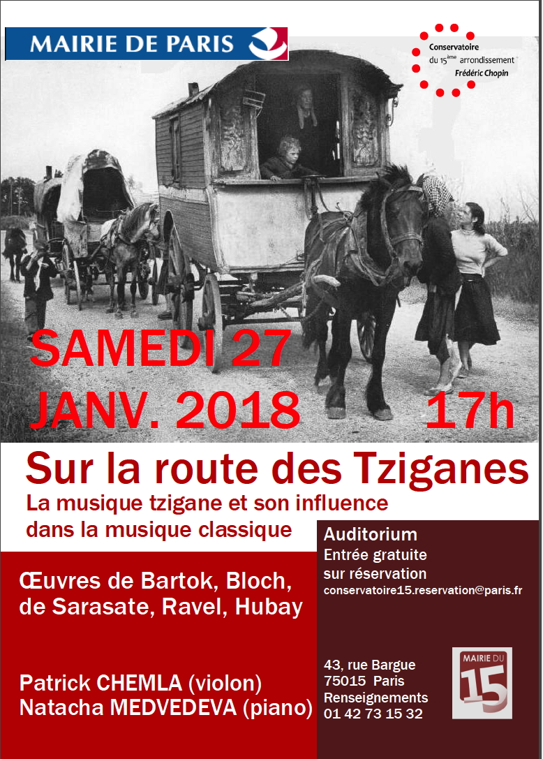 Affiche. Paris. Sur la route des Tziganes. Patrick Chemla (violon), Natacha Medvedeva (piano). 2018-01-27